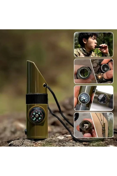 7si 1arada Acil Durum Düdüğü,El Feneri, Termometre,Pusula,Büyüteç,Depolama Bölmeli Kampçı - 5