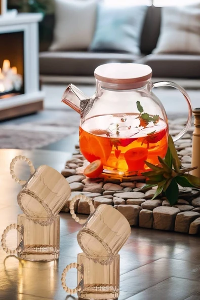 4 Kişilik Set Takım 1 Adet Cam Demlik 1000 ml - 4 Fincan 250 ml - Model 4 - 2