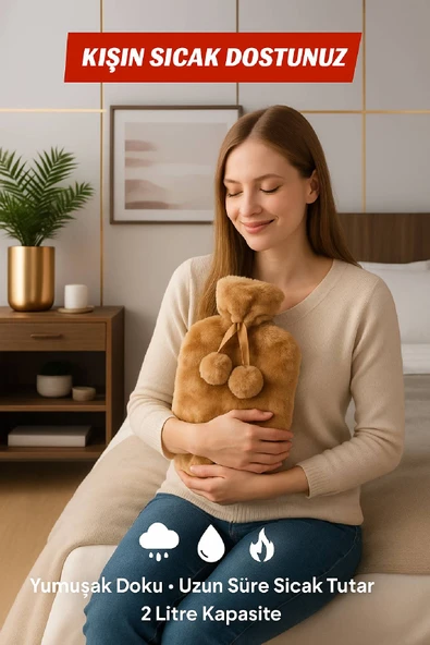 2 Litre Ponponlu Yumuşak Peluş Sıcak Su Torbası Açık Kahve - 2