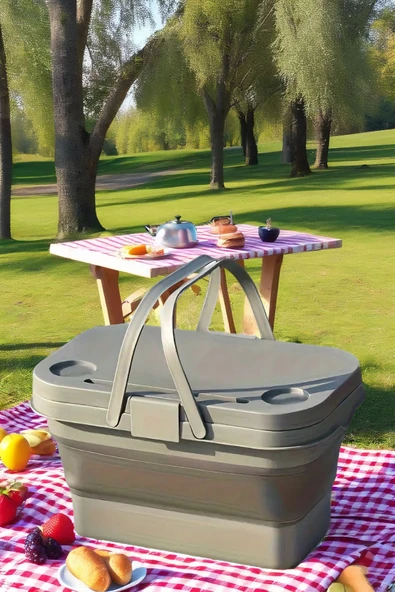 17 Litre Gri Katlanır  Piknik Kamp Çantası Sepeti - 5