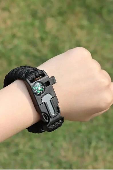 5'i 1 Arada Çok Fonksiyonlu Hayatta Kalma Bilekliği Pusula, Düdük, Çakmak Taşı ve Şemsiye İp - 7