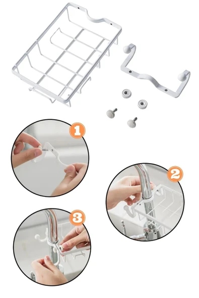 Paslanmaz Çelik Mutfak Banyo Musluğuna Sabitlenebilir Sabun ve Sünger Tutucu Organizer - 5