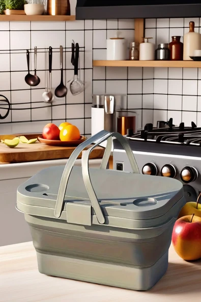 17 Litre Gri Katlanır  Piknik Kamp Çantası Sepeti - 3