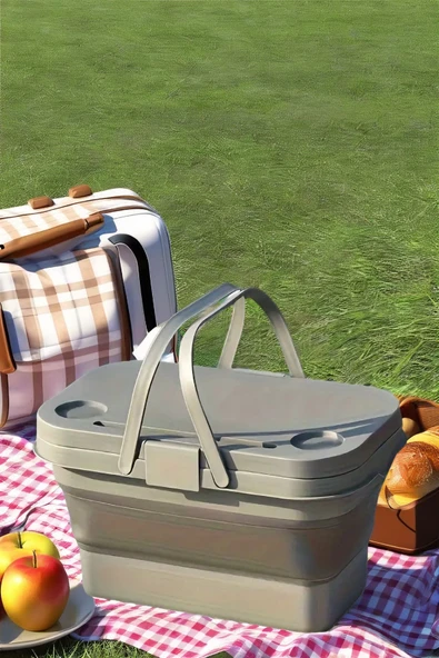 17 Litre Gri Katlanır  Piknik Kamp Çantası Sepeti - 4