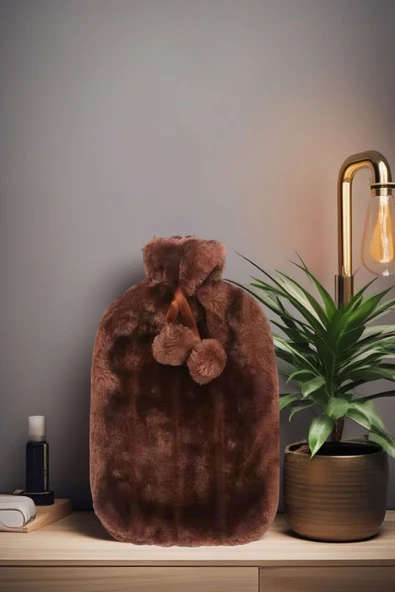 2 Litre Ponponlu Yumuşak Peluş Sıcak Su Torbası Kahverengi - 5