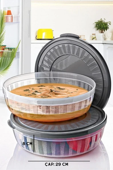 2 Adet Kapaklı Yuvarlak Saklama Kabı Seti - Kase Mikrodalga & Difriz Uyumlu 4 Lt Antrasit - 6
