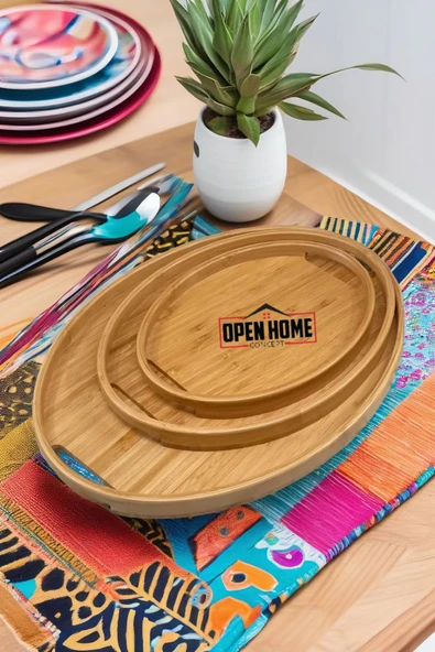 3'lü Bambu Oval Tepsi, Servis Tepsileri, Iskandinav Tepsi Seti, Çay Tepsisiı - 4