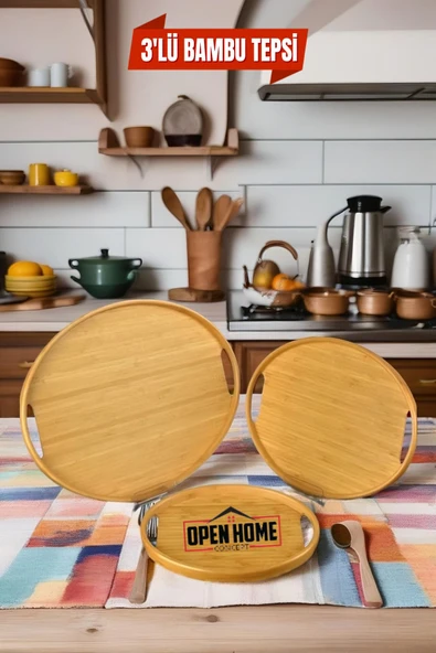 3'lü Bambu Oval Tepsi, Servis Tepsileri, Iskandinav Tepsi Seti, Çay Tepsisiı