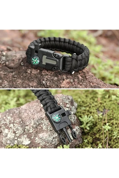 5'i 1 Arada Çok Fonksiyonlu Hayatta Kalma Bilekliği Pusula, Düdük, Çakmak Taşı ve Şemsiye İp - 5