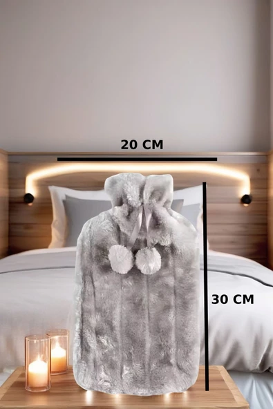 2 Litre Ponponlu Yumuşak Peluş Sıcak Su Torbası Gri - 6