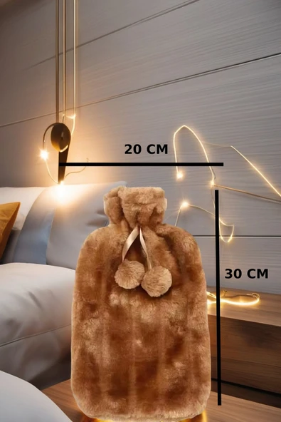 2 Litre Ponponlu Yumuşak Peluş Sıcak Su Torbası Açık Kahve - 5