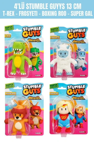 4'lü Stumble Guys Stretch Figür - T-REX - FROSYETI - BOXING ROO - SUPER GAL
