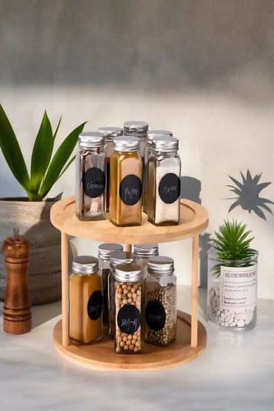 360° Dönen Bambu  2 Katlı Baharatlık Düzenleyici , Sunumluk, Organizer, Katlı Stant - 2