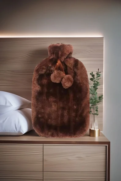 2 Litre Ponponlu Yumuşak Peluş Sıcak Su Torbası Kahverengi - 2