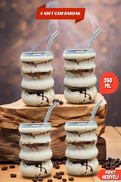 4 Adet Borosilikat Boğumlu Model Kokteyl ve Soğuk-Sıcak Kahve Bardağı Pipet 300ML