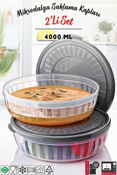 2 Adet Kapaklı Yuvarlak Saklama Kabı Seti - Kase Mikrodalga & Difriz Uyumlu 4 Lt Antrasit - 5