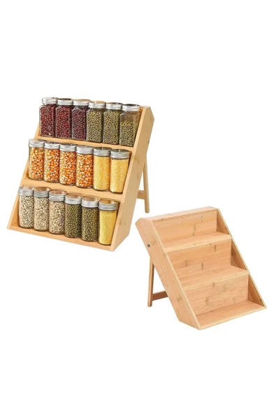 3 Katlı Bambu Katlanır Ayaklı Baharatlık Standı Çekmece İçi Baharatlık Standı, Bambu Organizer - 3