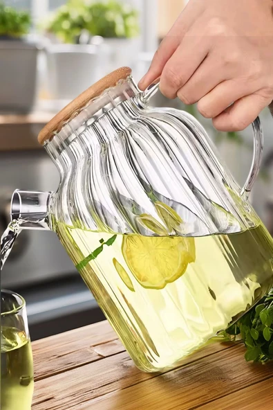Lemonade Vakumlu Bambu Kapaklı Isıya Dayanıklı Borosilikat Sürahi & Cam Demlik, Süzgeçli Demlik - 2