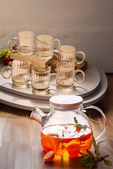 6 Kişilik Set Takım 1 Adet Cam Demlik - 6 Fincan Takım - Model 3 - 3
