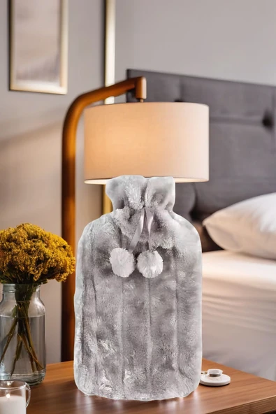 2 Litre Ponponlu Yumuşak Peluş Sıcak Su Torbası Gri - 5