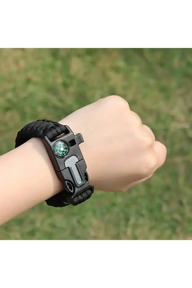 5'i 1 Arada Çok Fonksiyonlu Hayatta Kalma Bilekliği Pusula, Düdük, Çakmak Taşı ve Şemsiye İp - 3