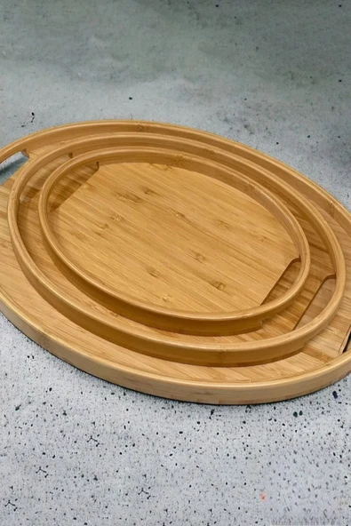 3'lü Bambu Oval Tepsi, Servis Tepsileri, Iskandinav Tepsi Seti, Çay Tepsisiı - 5
