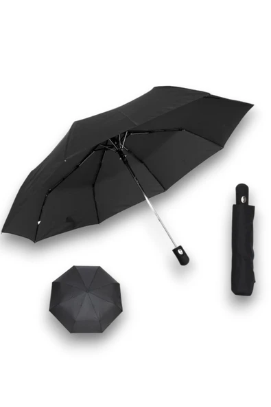 Tam Otomatik Rüzgarda Kırılmayan Siyah 8 Fiber Telli Pongee Kumaş Şemsiye - 3