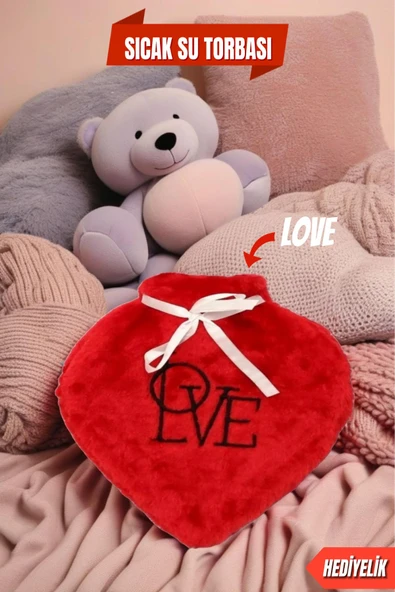Hediyelik Kalpli Peluş Sıcak Su Torbası - Love, Termofor Sıcak Su Torbası Kırmızı - 4