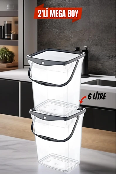 Mega Boy 2'li Kare Un Bakliyat Kabı 6 Litre - Deterjanlık Saklama Kutusu Kabı 2 Adet Un Saklama Kabı