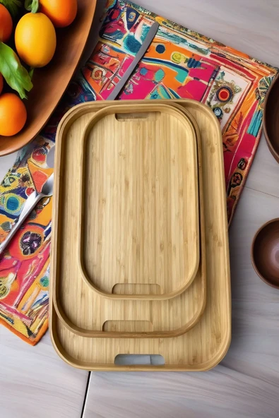 3'lü Bambu Dikdörtgen Tepsi, Servis Tepsileri, İskandinav Tepsi Seti, Çay Tepsisi - 2