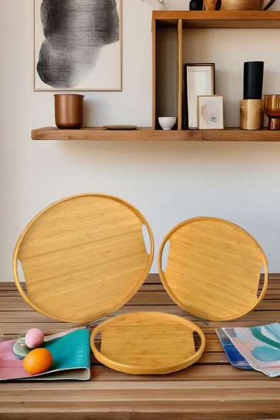 3'lü Bambu Oval Tepsi, Servis Tepsileri, Iskandinav Tepsi Seti, Çay Tepsisiı - 2