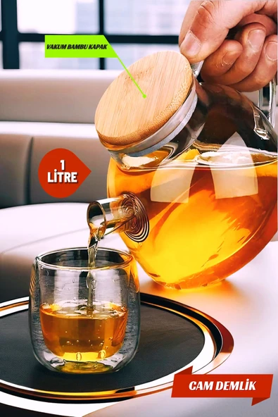 Vakumlu Bambu Kapaklı-Isıya Dayanıklı Borosilikat Cam Demlik, Süzgeçli (1000 ML)