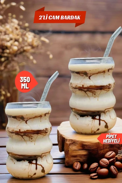 2 Adet Borosilikat Boğumlu Model Kokteyl ve Soğuk-Sıcak Kahve Bardağı Pipet 300ML