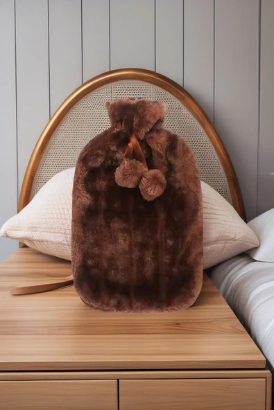 2 Litre Ponponlu Yumuşak Peluş Sıcak Su Torbası Kahverengi - 4
