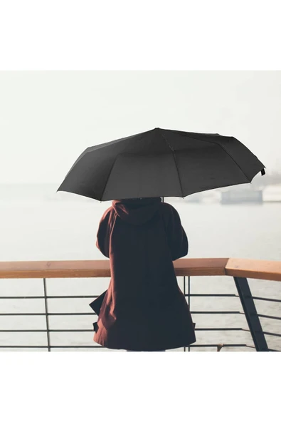 Tam Otomatik Rüzgarda Kırılmayan Siyah 8 Fiber Telli Pongee Kumaş Şemsiye - 2