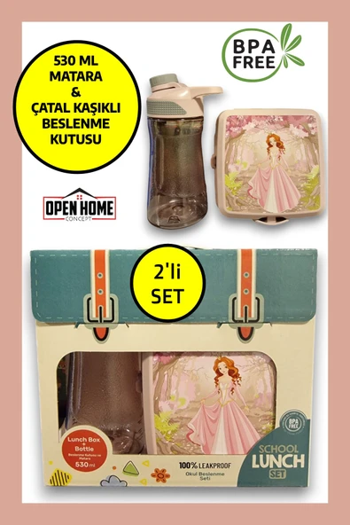 2'li Premium Beslenme Kutusu ve 530 ML Su Matarası Pembe