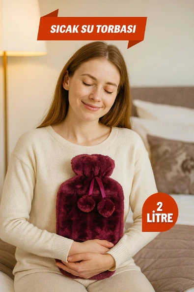 2 Litre Ponponlu Yumuşak Peluş Sıcak Su Torbası Fuşya - 2