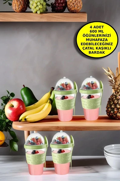 4 ADET Diyet & Kahvaltı için Çatal & Kaşıklı Kapaklı Yoğurt Müsli Salata Meyve Saklama Kabı - 600 ml