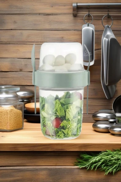 2 ADET Diyet & Kahvaltı için Çatal & Kaşıklı Kapaklı Yoğurt Müsli Salata Meyve Saklama Kabı - 800 ml - 5