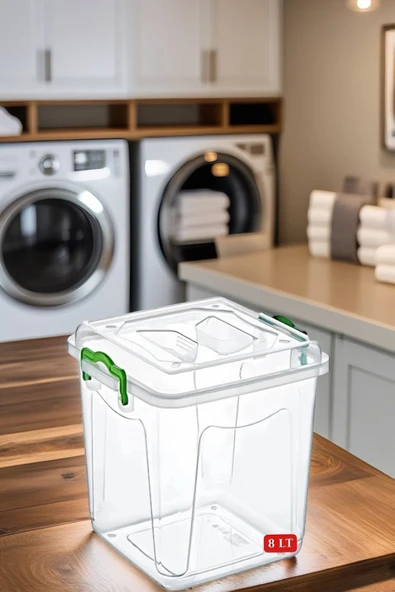 2'li Mega Boy 8 Lt Kilit Kapaklı Deterjan Saklama Kabı - Tablet Deterjan Saklama Kutusu Şeffaf - Resim 3