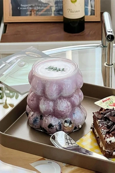 6 Adet Üzüm Model Borosilikat Kokteyl  Soğuk Sıcak Kahve Meşrubat Bardağı 6 Cam Pipet Hediye 350 ML - 5