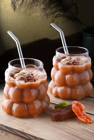 6 Adet Üzüm Model Borosilikat Kokteyl  Soğuk Sıcak Kahve Meşrubat Bardağı 6 Cam Pipet Hediye 350 ML - 4