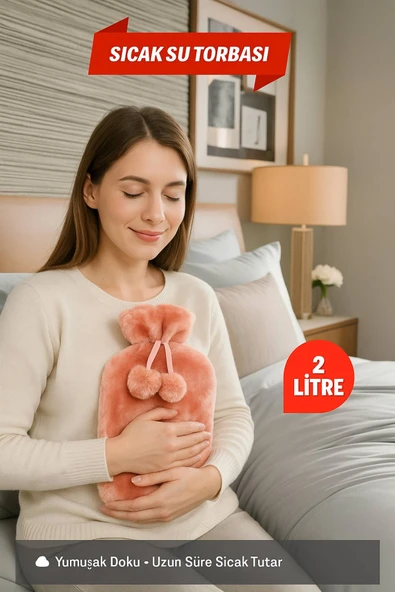 2 Litre Ponponlu Yumuşak Peluş Sıcak Su Torbası Pembe - 2