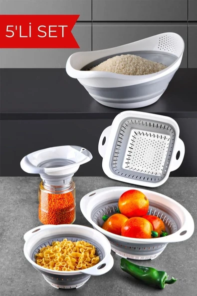 5'li Set Akordiyon Katlanır Süzgeç Seti - Katlanır Çeyiz Seti 5 Parça