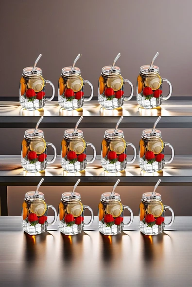 12'li Kavanoz Bardak 12'li Pipet Hediyeli Set Model Kokteyl Soğuk Kahve Meşrubat Bardak Seti 350 ml - 5