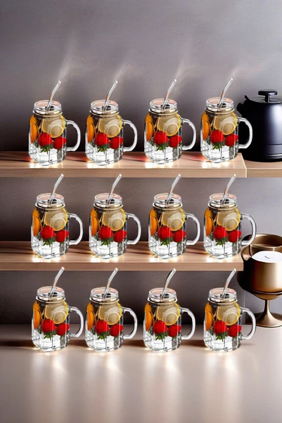 12'li Kavanoz Bardak 12'li Pipet Hediyeli Set Model Kokteyl Soğuk Kahve Meşrubat Bardak Seti 350 ml - 2