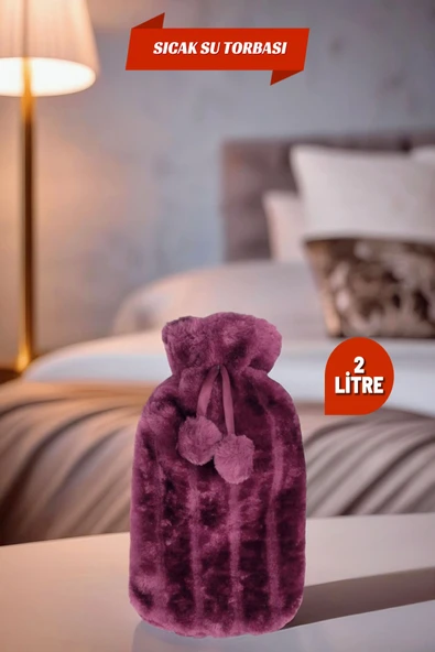 2 Litre Ponponlu Yumuşak Peluş Sıcak Su Torbası Mor