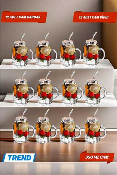 12'li Kavanoz Bardak 12'li Pipet Hediyeli Set Model Kokteyl Soğuk Kahve Meşrubat Bardak Seti 350 ml