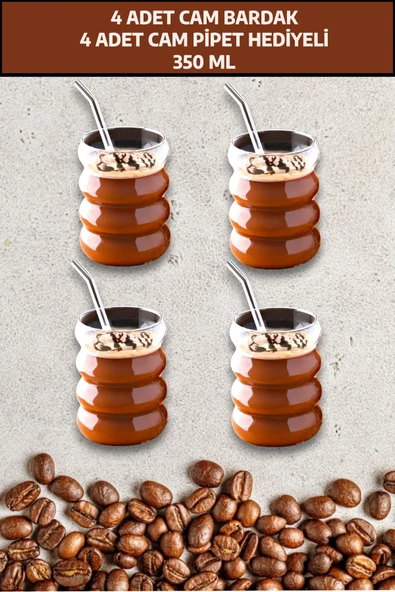 4 Adet Boğumlu  Borosilikat Kokteyl  Soğuk Sıcak Kahve Meşrubat Bardağı 4 Cam Pipet Hediye 300 ML