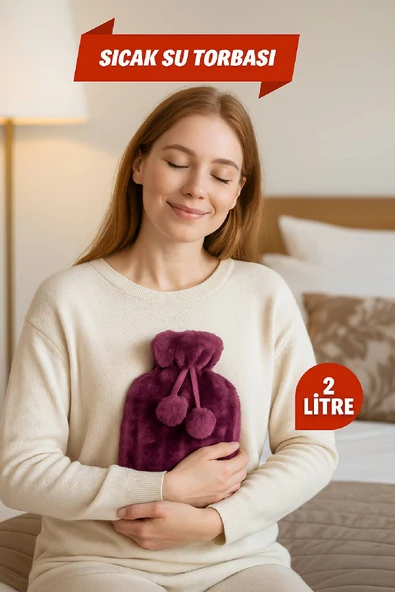 2 Litre Ponponlu Yumuşak Peluş Sıcak Su Torbası Mor - 2